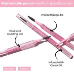 MCoBeauty XtendBrows Brow Pencil features - triangle tip, spoolie, castor oil infused