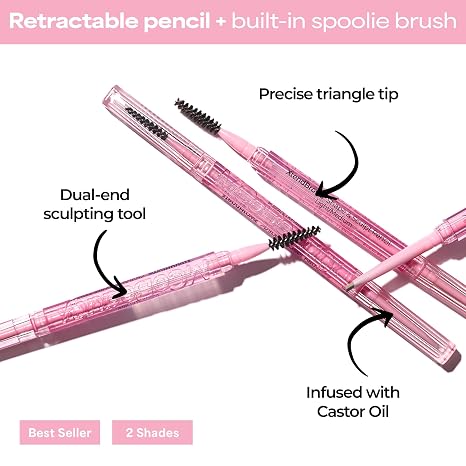 MCoBeauty XtendBrows Brow Pencil features - triangle tip, spoolie, castor oil infused
