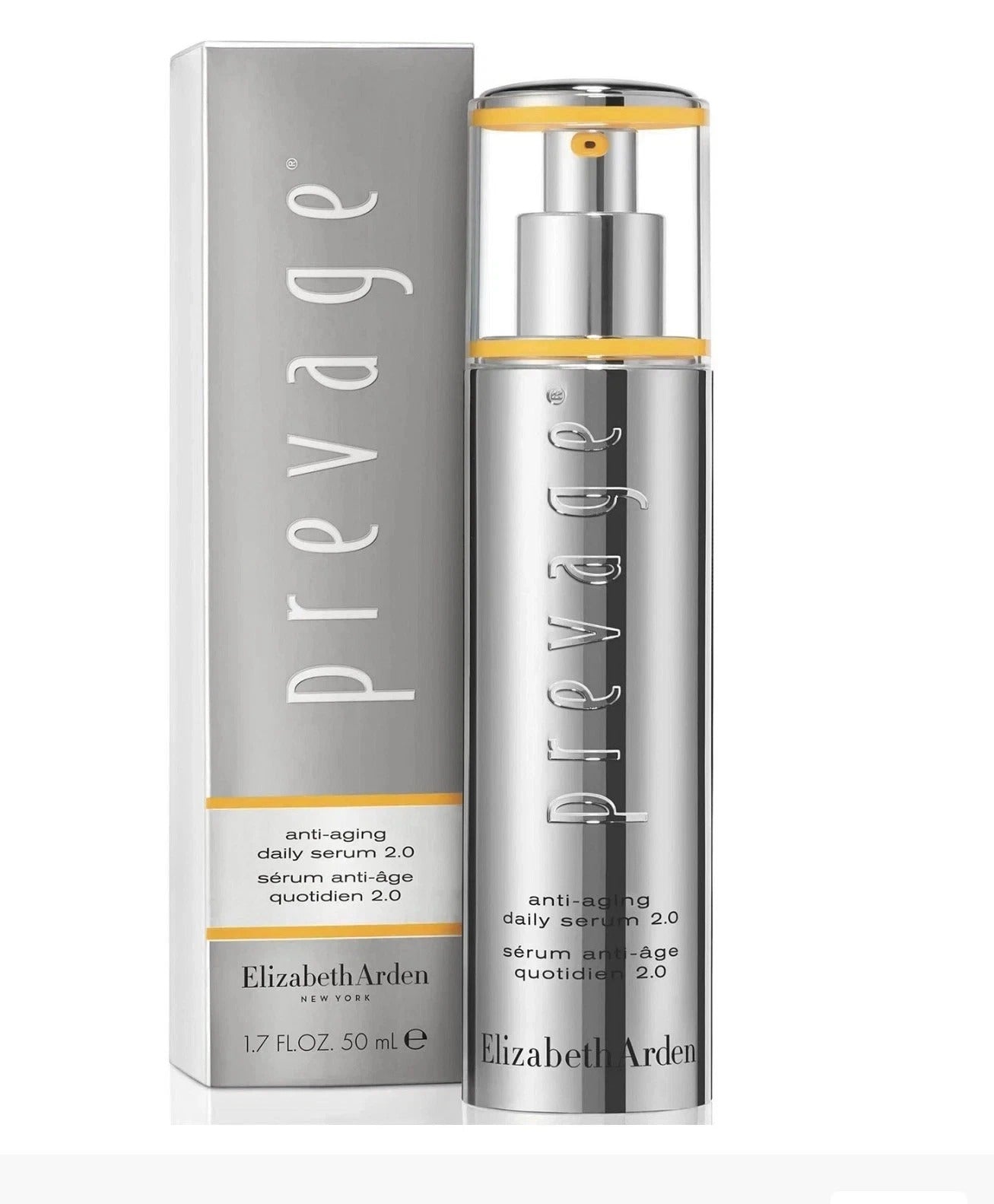 Elizabeth Arden Prevage Anti-Aging Daily Serum 2.0 with Idebenone 1.7 fl oz in silver pump bottle with gold accents and box