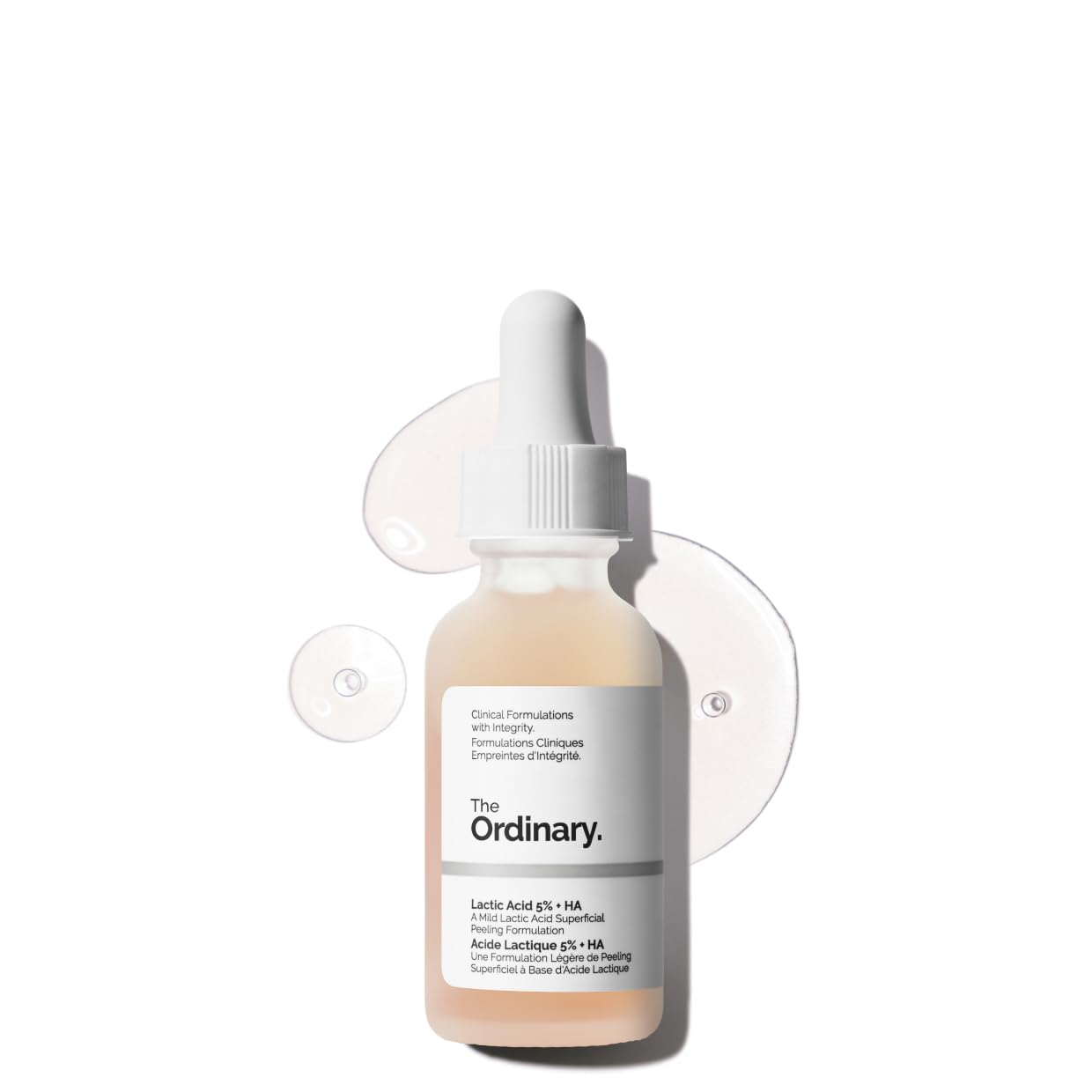 The Ordinary Lactic Acid 5% Plus HA Mild Superficial Peeling Formulation 1 fl oz dropper bottle with texture swatch
