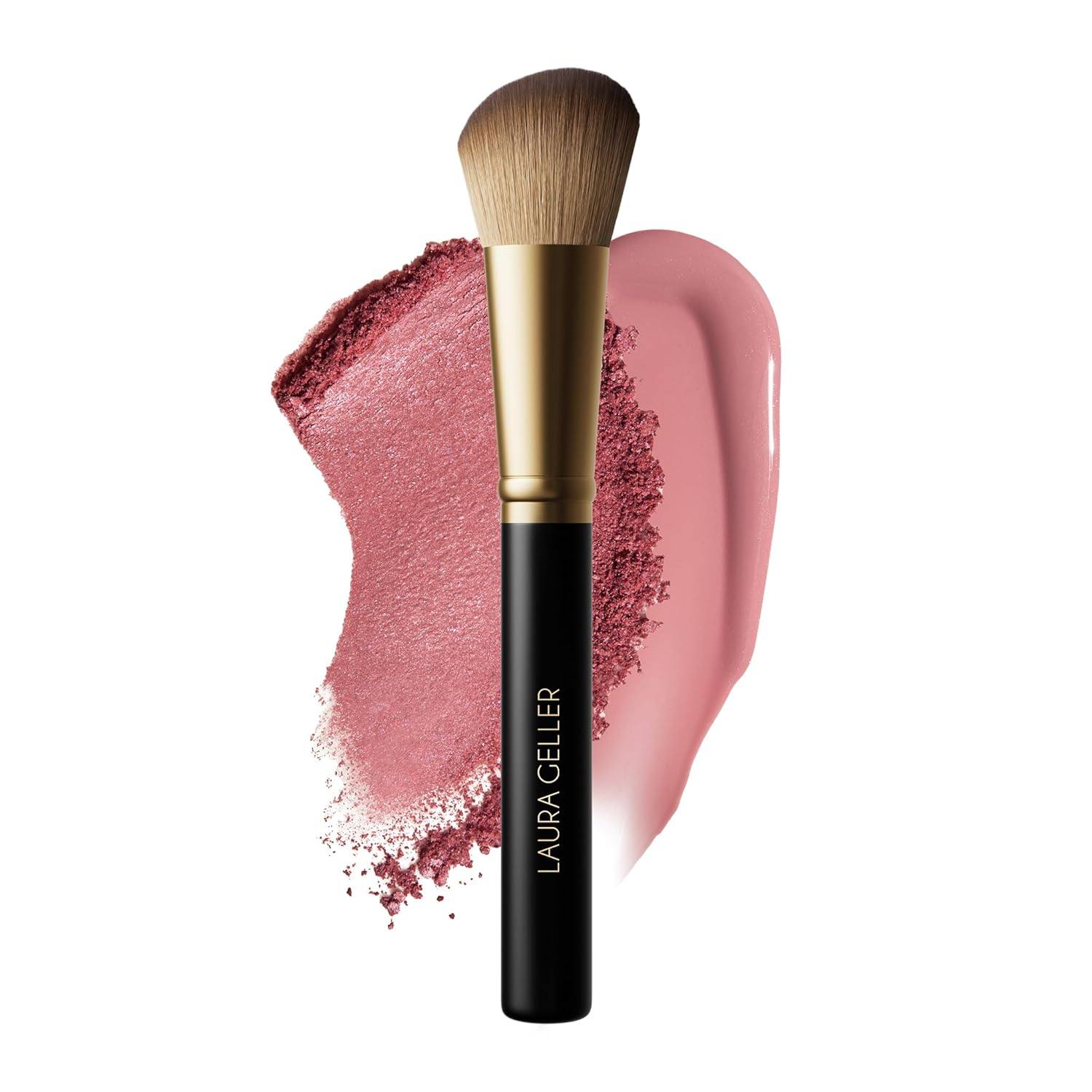 Laura Geller New York Angled Blush Brush Black Wooden Handle Gold Ferrule with Pink Blush Swatches