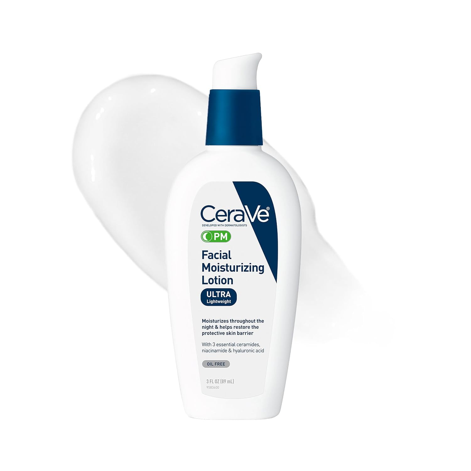 CeraVe PM Facial Moisturizing Lotion Oil-Free Ultra Lightweight with Hyaluronic Acid Niacinamide 3oz
