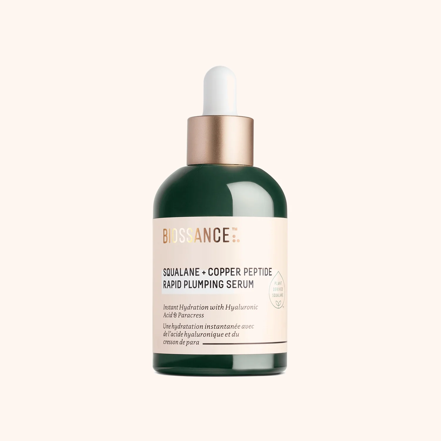 Biossance Squalane Plus Copper Peptide Rapid Plumping Serum with Hyaluronic Acid and Paracress 1 fl oz in dark green dropper bottle