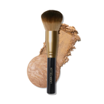 Laura Geller Full Face Powder Makeup Brush Black Gold Wooden Handle with Bronzer and Foundation Swatches