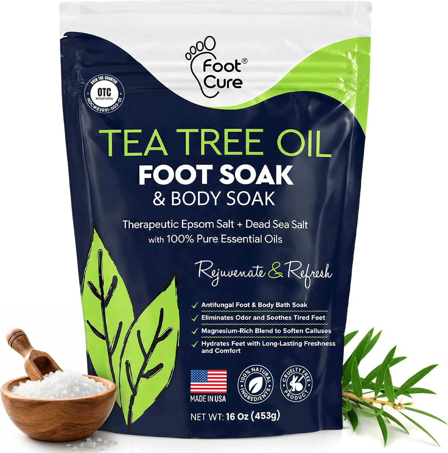 Foot Cure Tea Tree Oil Foot Soak and Body Soak with Epsom Salt Dead Sea Salt 16oz Made in USA