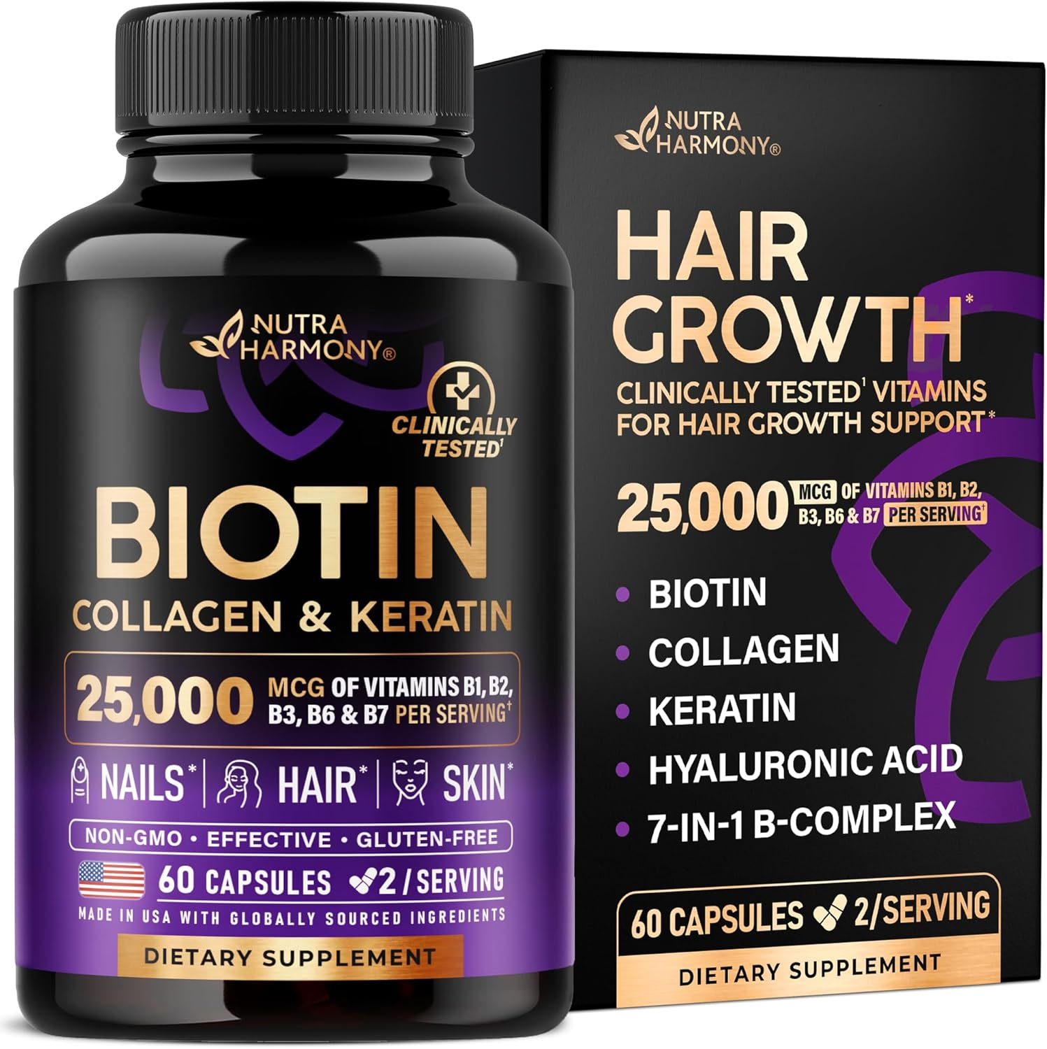 NutraHarmony Biotin Collagen Keratin Hair Growth Supplement 60 Capsules 25000mcg