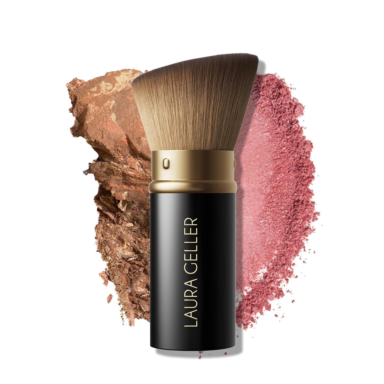 Laura Geller New York Retractable Angled Kabuki Makeup Brush Black Gold with Blush and Bronzer Swatches